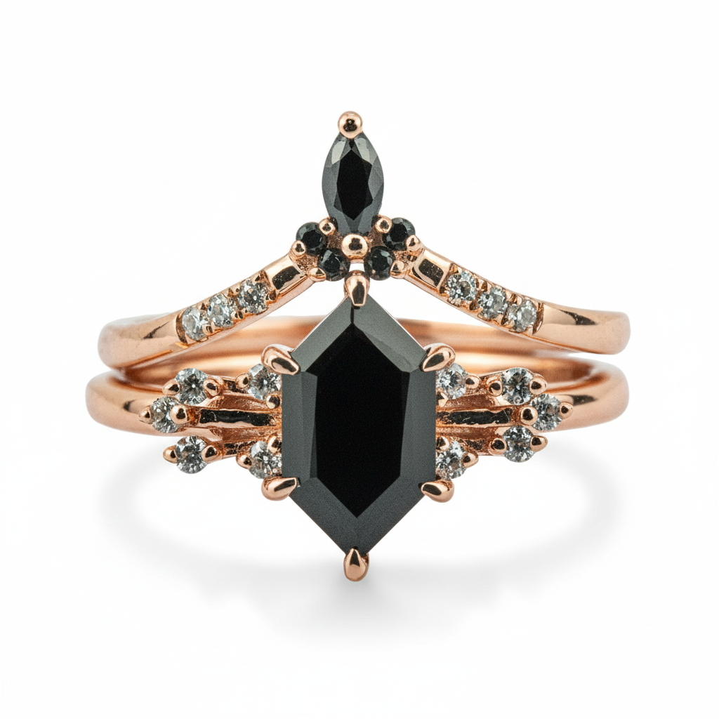 Luxurious Hexagon Black Onyx Ring Set - Unique Engagement Rings for Ultimate Elegance