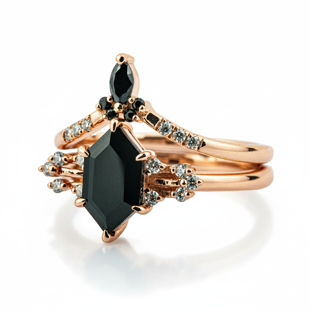 Luxurious Hexagon Black Onyx Ring Set - Unique Engagement Rings for Ultimate Elegance