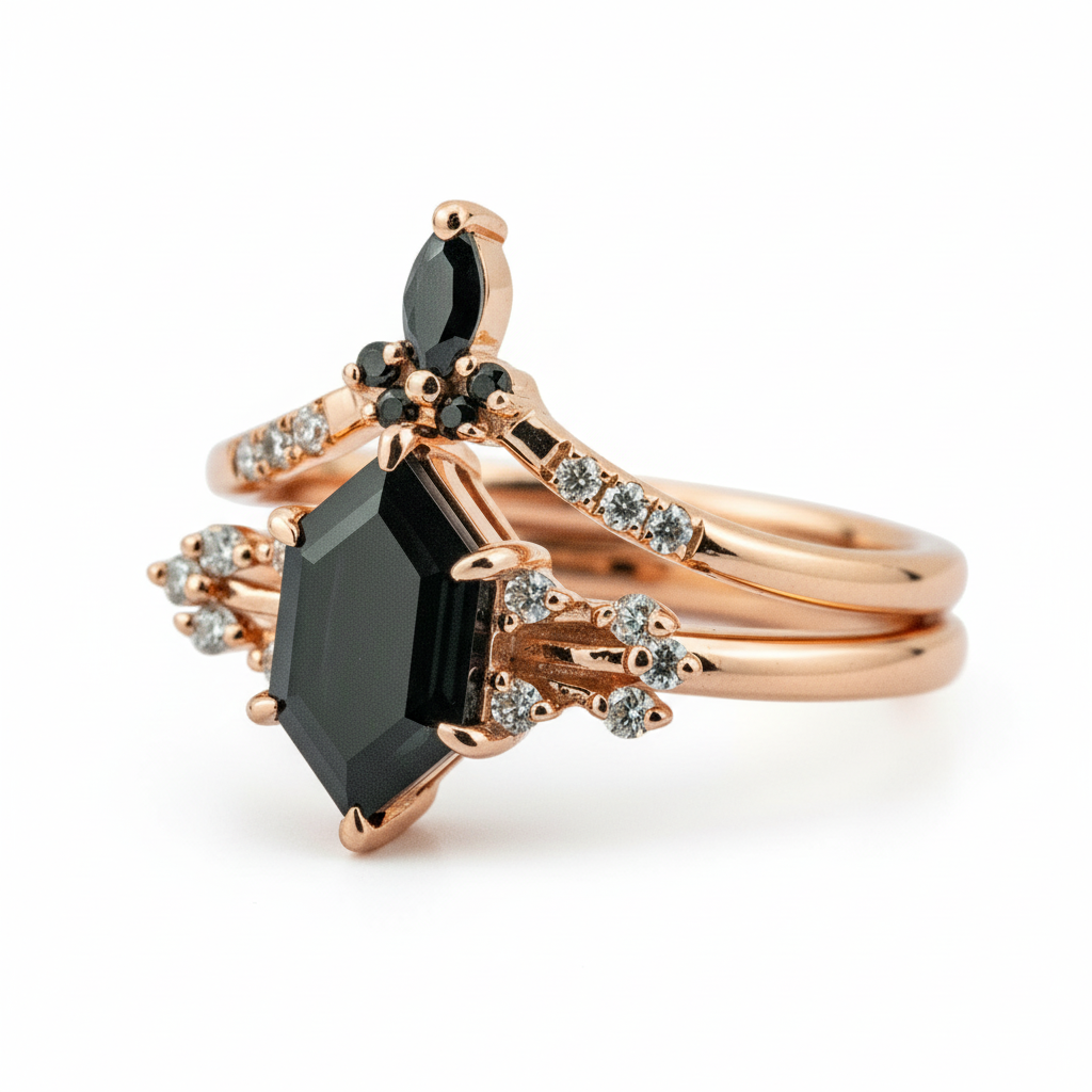 Luxurious Hexagon Black Onyx Ring Set - Unique Engagement Rings for Ultimate Elegance