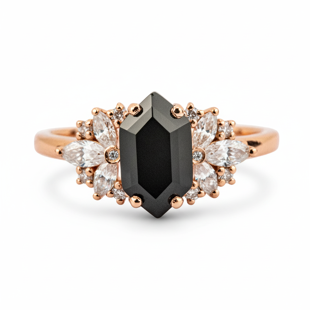 Long Hexagon Black Onyx Ring with Moissanite - Unique Engagement Ring