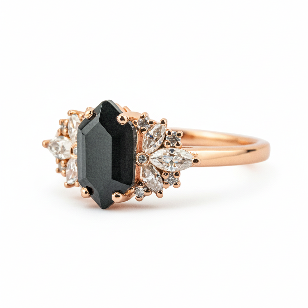 Product view of Long Hexagon Black Onyx Engagement Ring in Rose Gold