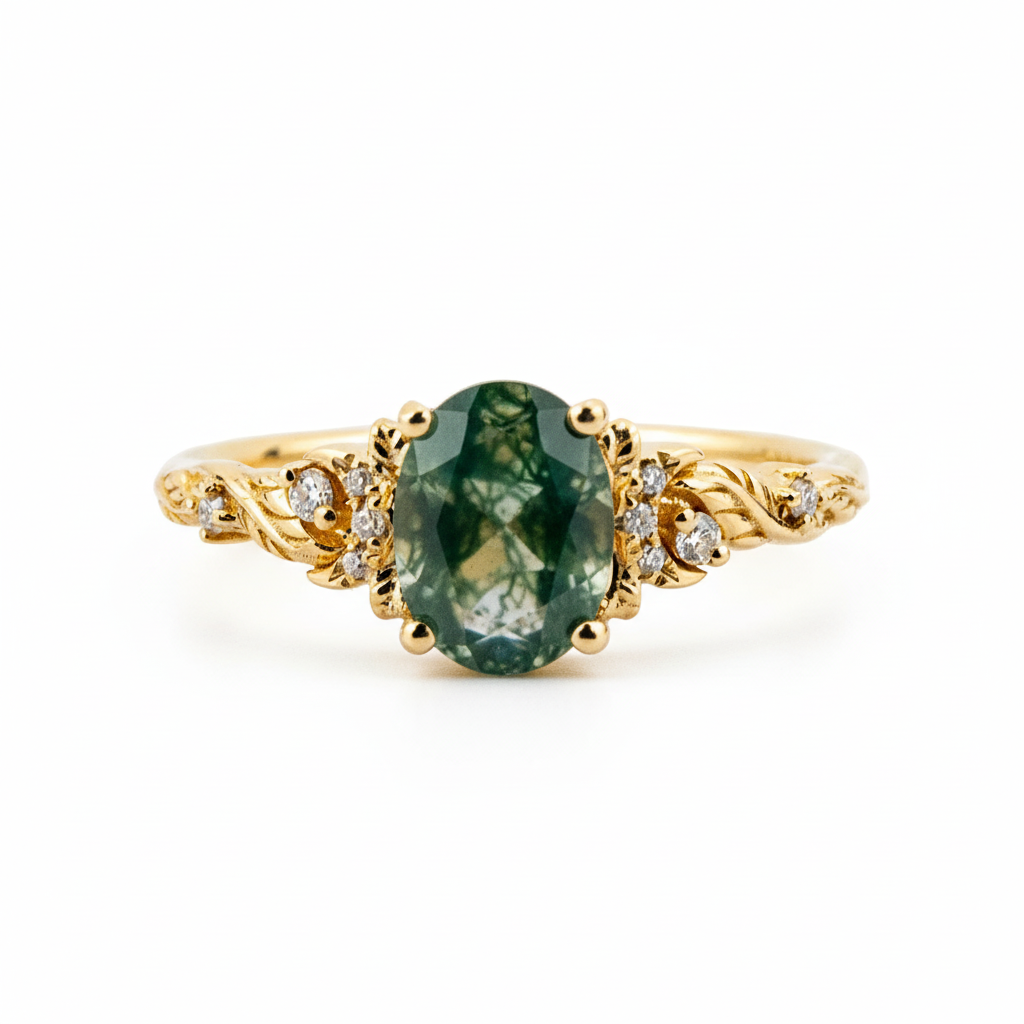 Front view of Oval Moss Agate Ring in Gold