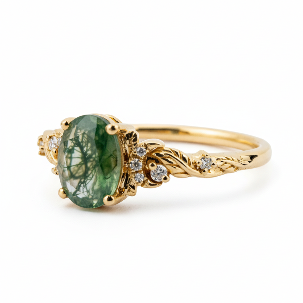 Product view of Oval Moss Agate Ring in Gold
