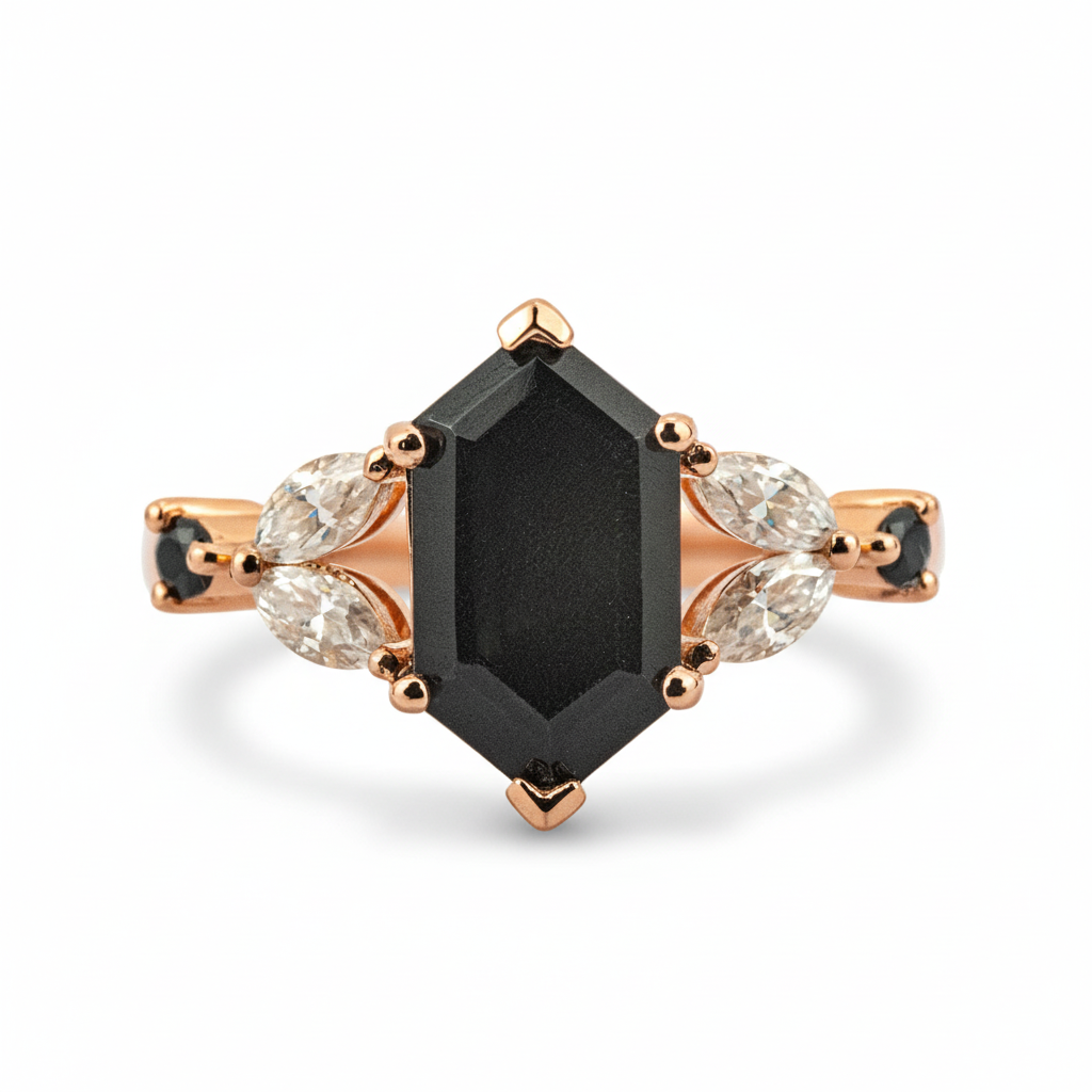 Long Hexagon Onyx Ring for Engagement with Moissanite