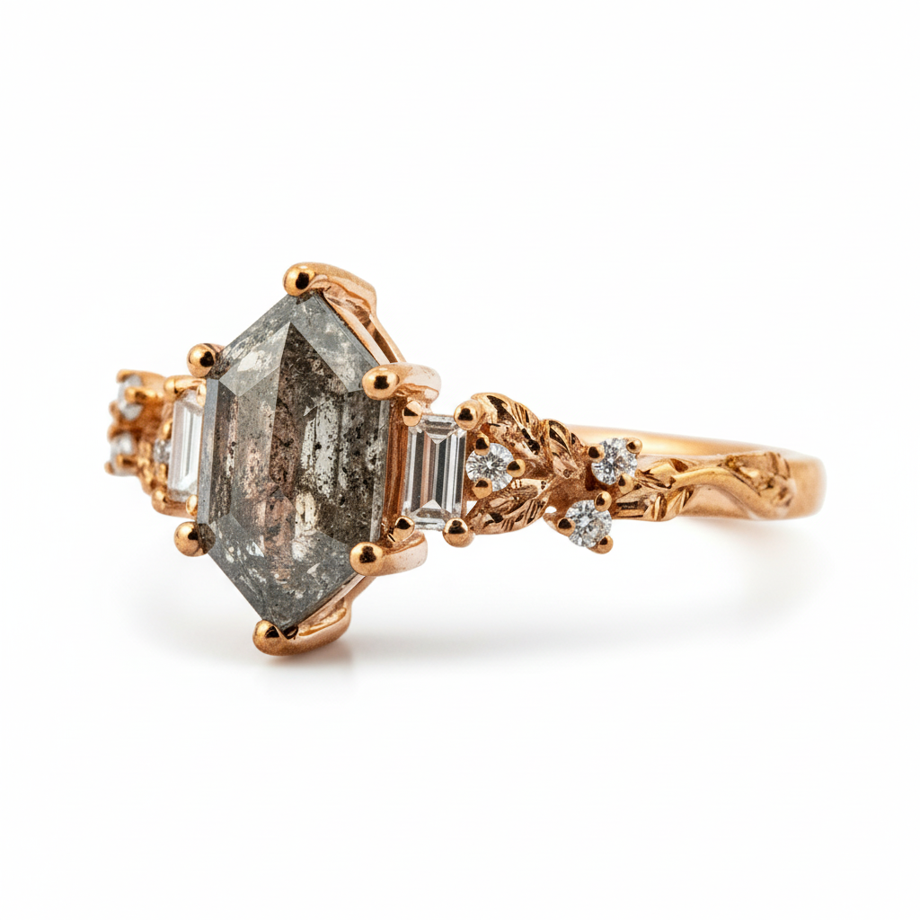 Product view of Long Hexagon Salt and Pepper Diamond Engagement Ring in Gold