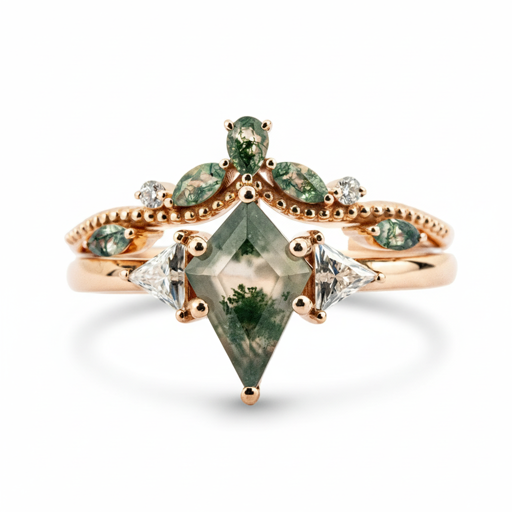 Kite Cut Moss Agate Engagement Ring Set Nature Inspired Design.