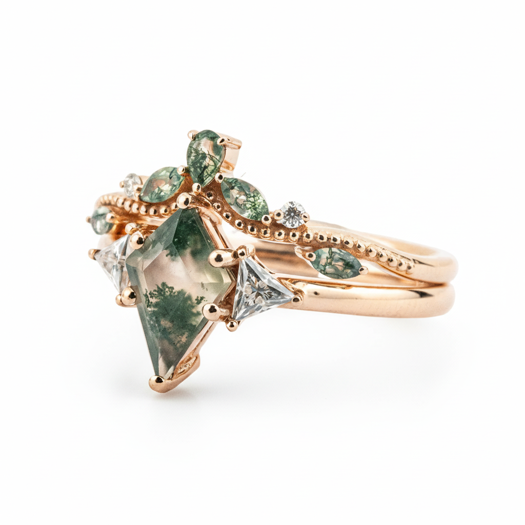 Product view of Kite Cut Moss Agate Ring Set in Gold
