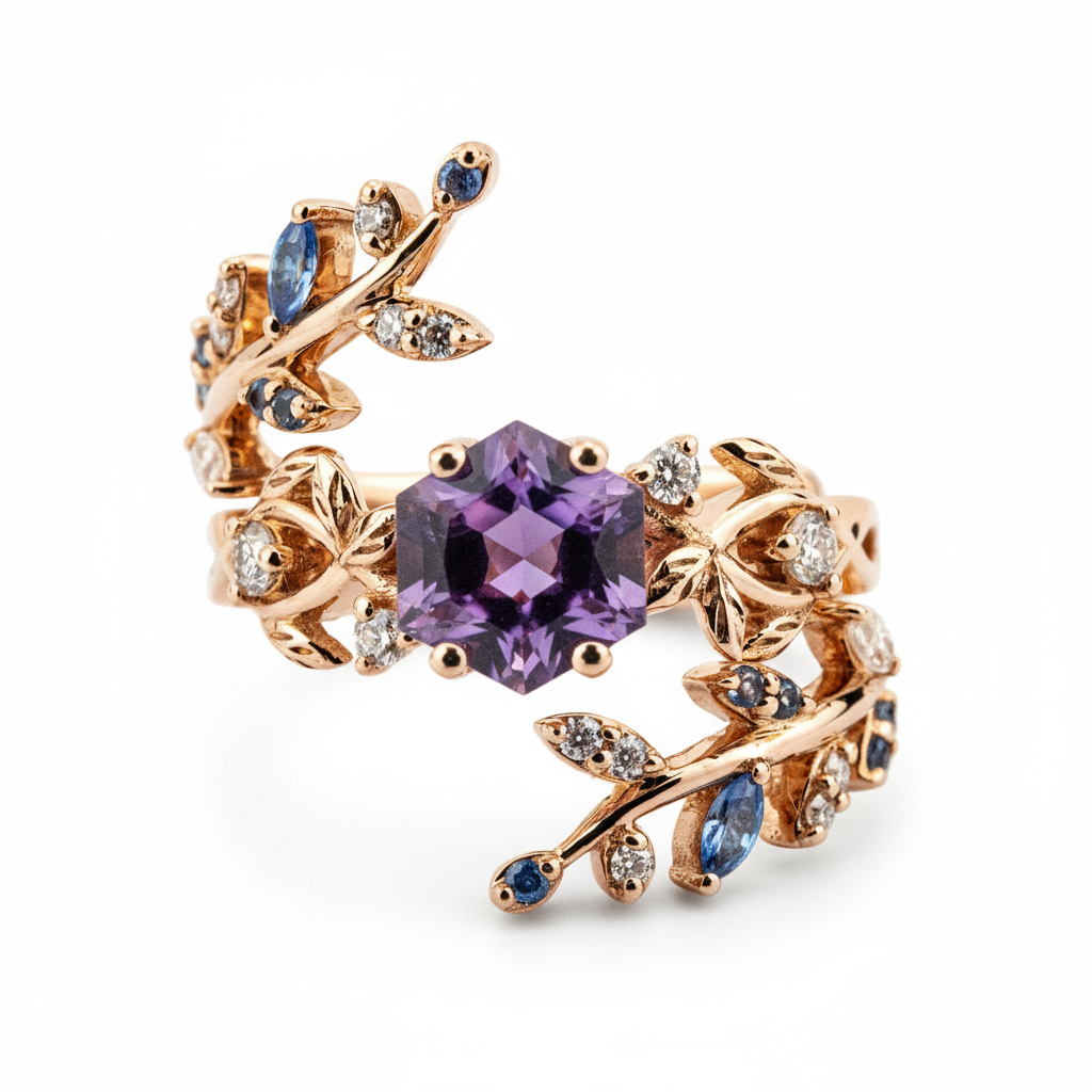 Stylish Hexagon Amethyst and Leaf Ring Set - Handcrafted craftsmanship, unique wedding set option