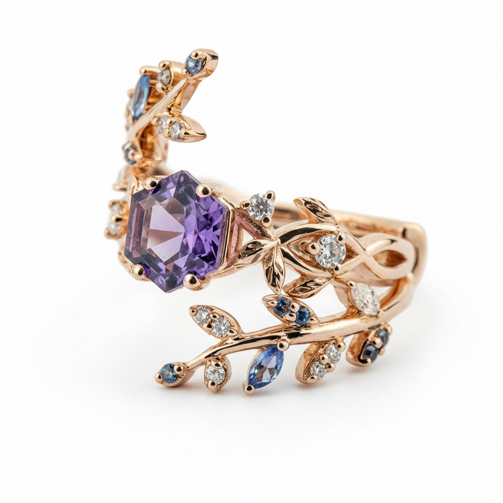 Lifestyle view of Hexagon Amethyst Ring Set in Gold