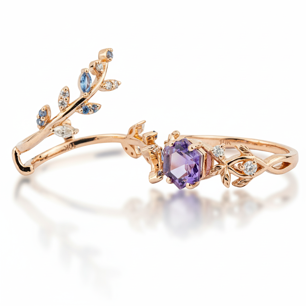Product view of Hexagon Amethyst Ring Set in Gold