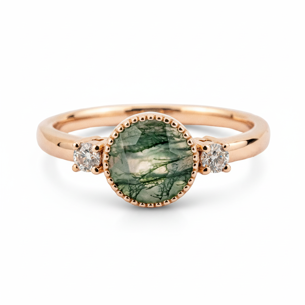 Front view of Round Moss Agate Engagement Ring in Gold
