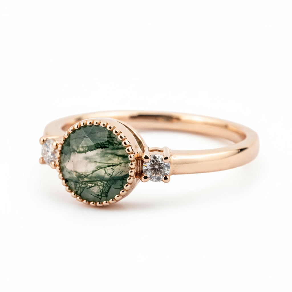 Product view of Round Moss Agate Engagement Ring in Gold