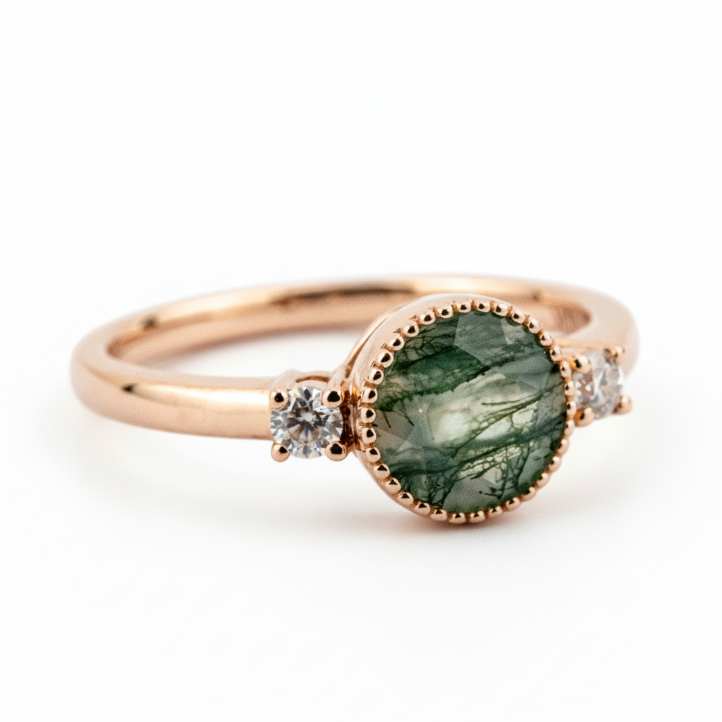Product view of Round Moss Agate Engagement Ring in Gold