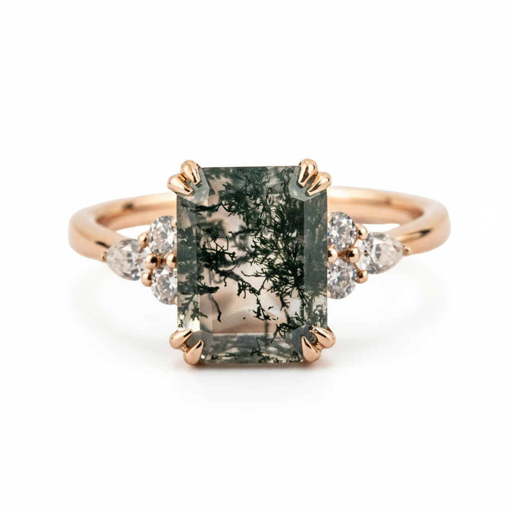 Classic Square Moss Agate Gold Engagement Ring With Moissanite.