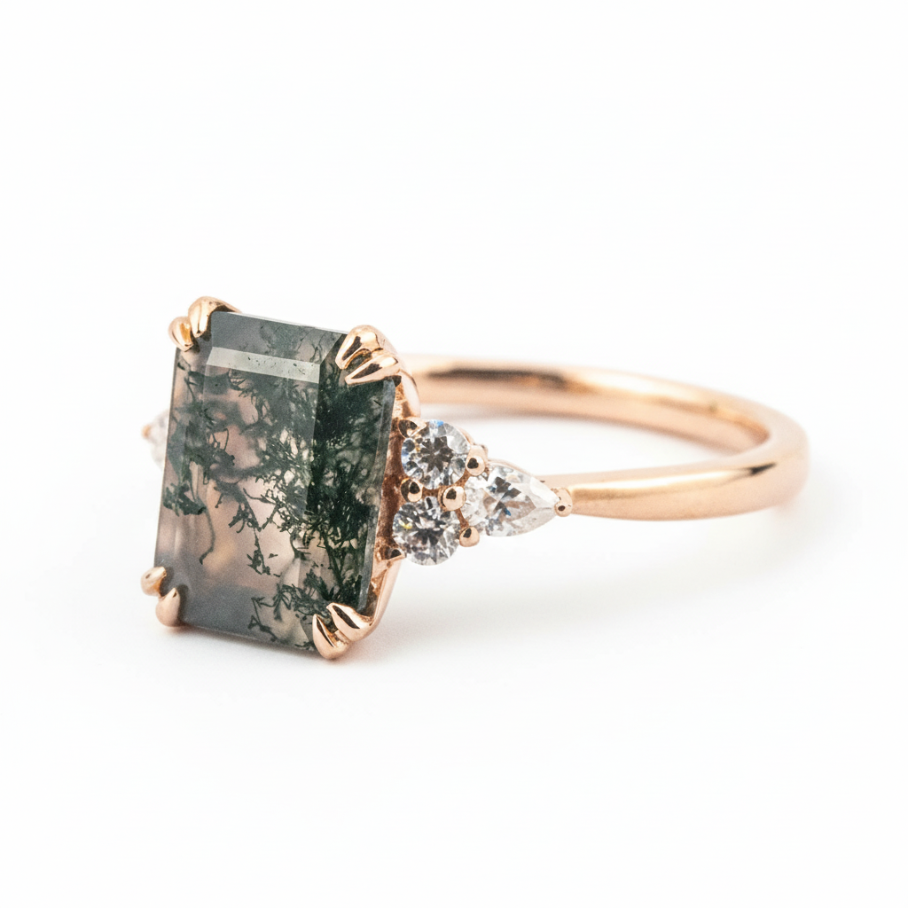Classic Square Moss Agate Gold Engagement Ring With Moissanite.