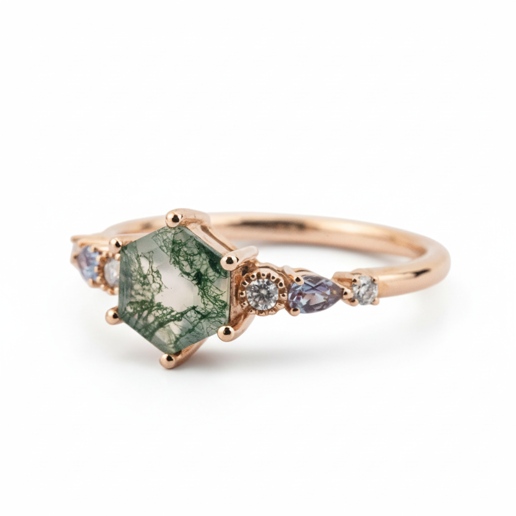 Product view of Hexagon Moss Agate Engagement Ring in Gold