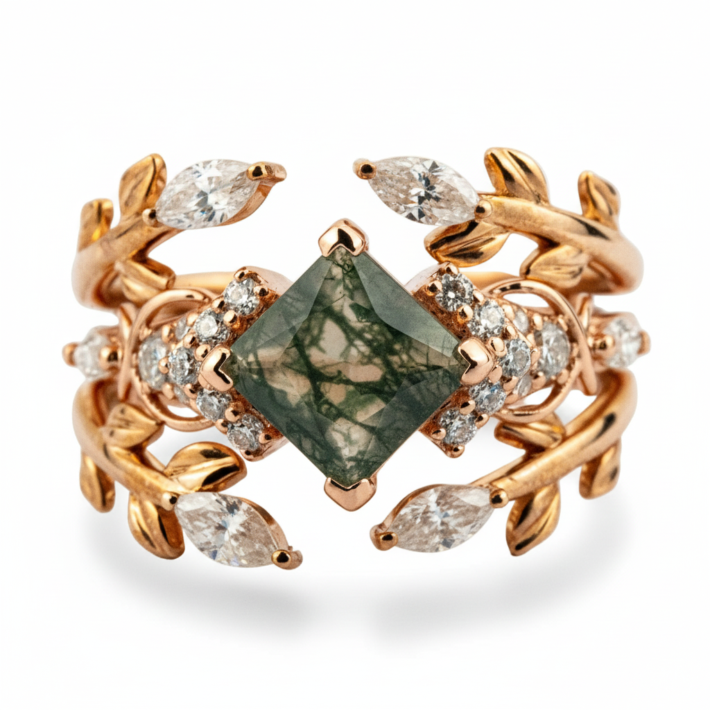 Exquisite princess moss agate ring with luxurious design