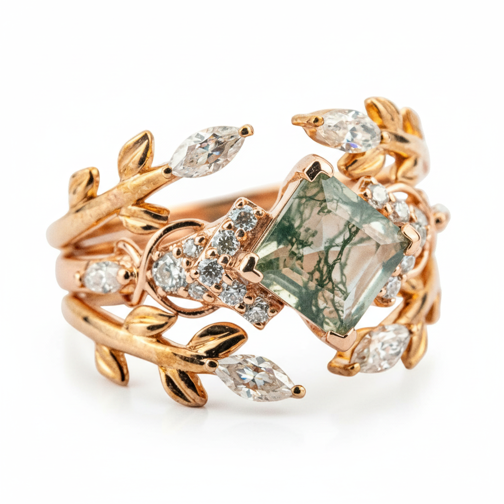 Exquisite princess moss agate ring with luxurious design