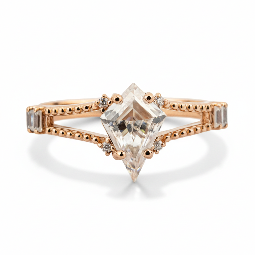 Front view of Kite Cut Moissanite Engagement Ring in Gold