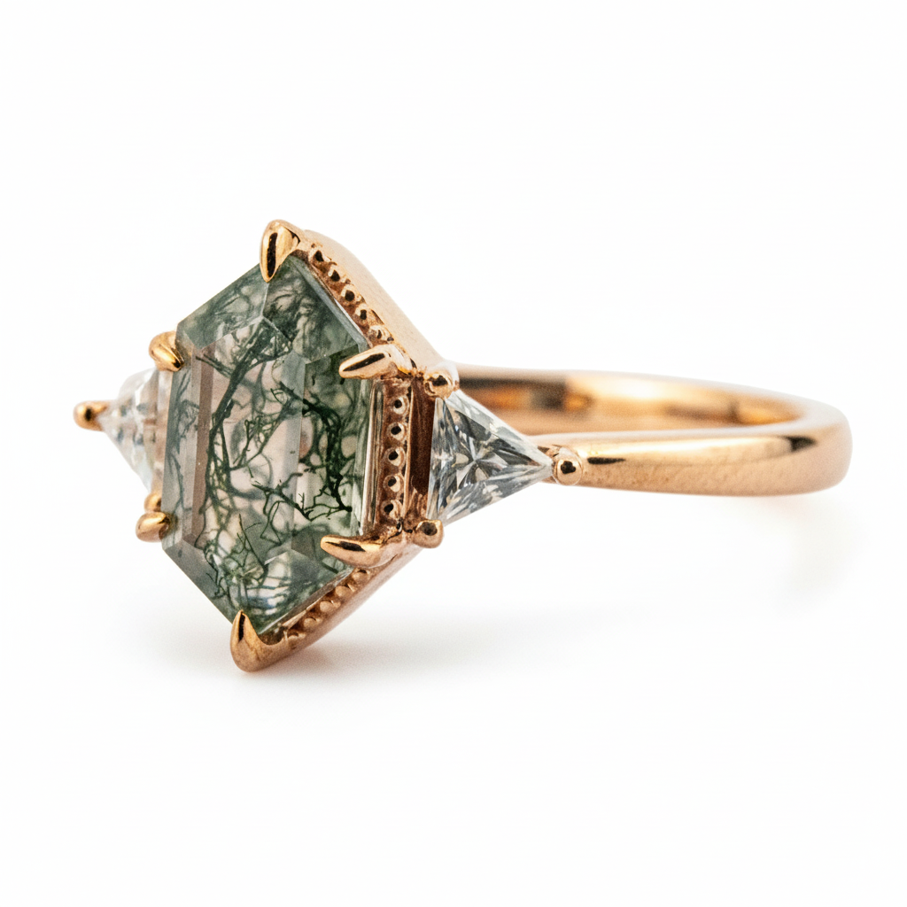 Lifestyle view of Long Hexagon Moss Agate Ring in Rose Gold