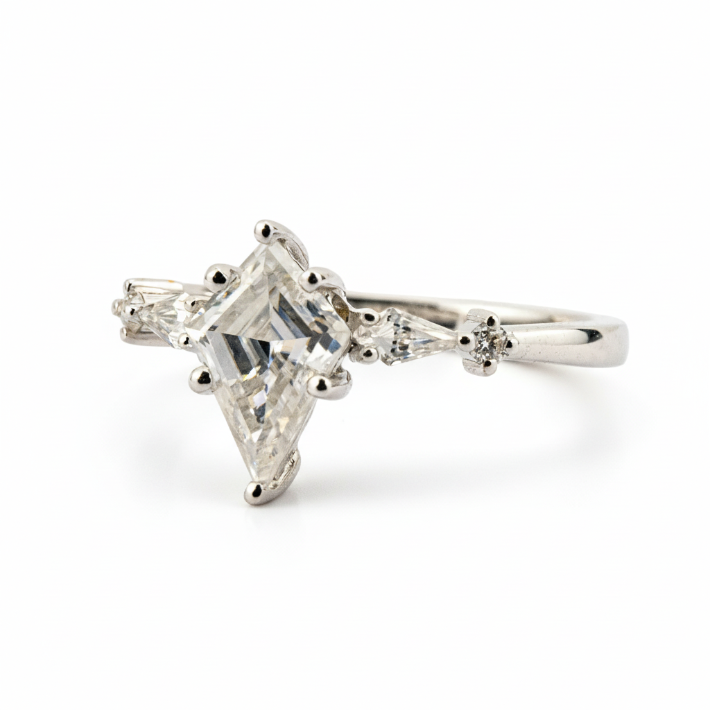 Product view of Kite Cut Moissanite Engagement Ring in White Gold