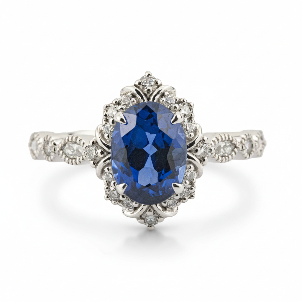 Front view of Oval Lab Sapphire Ring in Gold