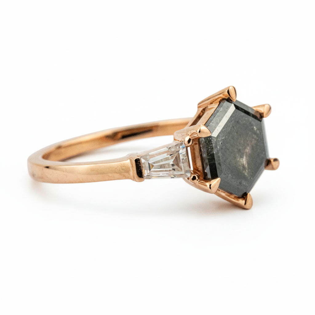 Product view of Hexagon Salt and Pepper Diamond Engagement Ring in Gold