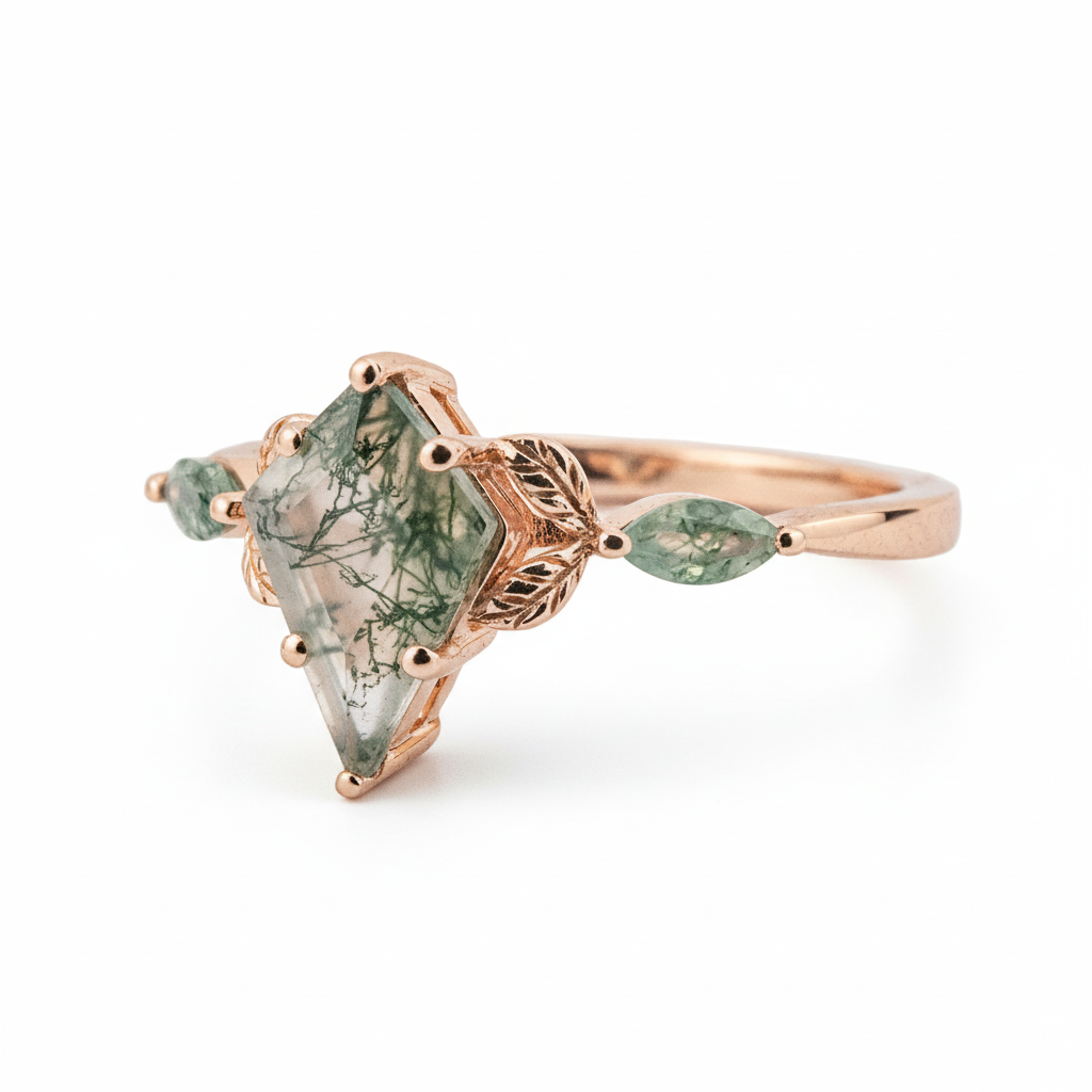 Product view of Kite Cut Moss Agate Ring in Gold