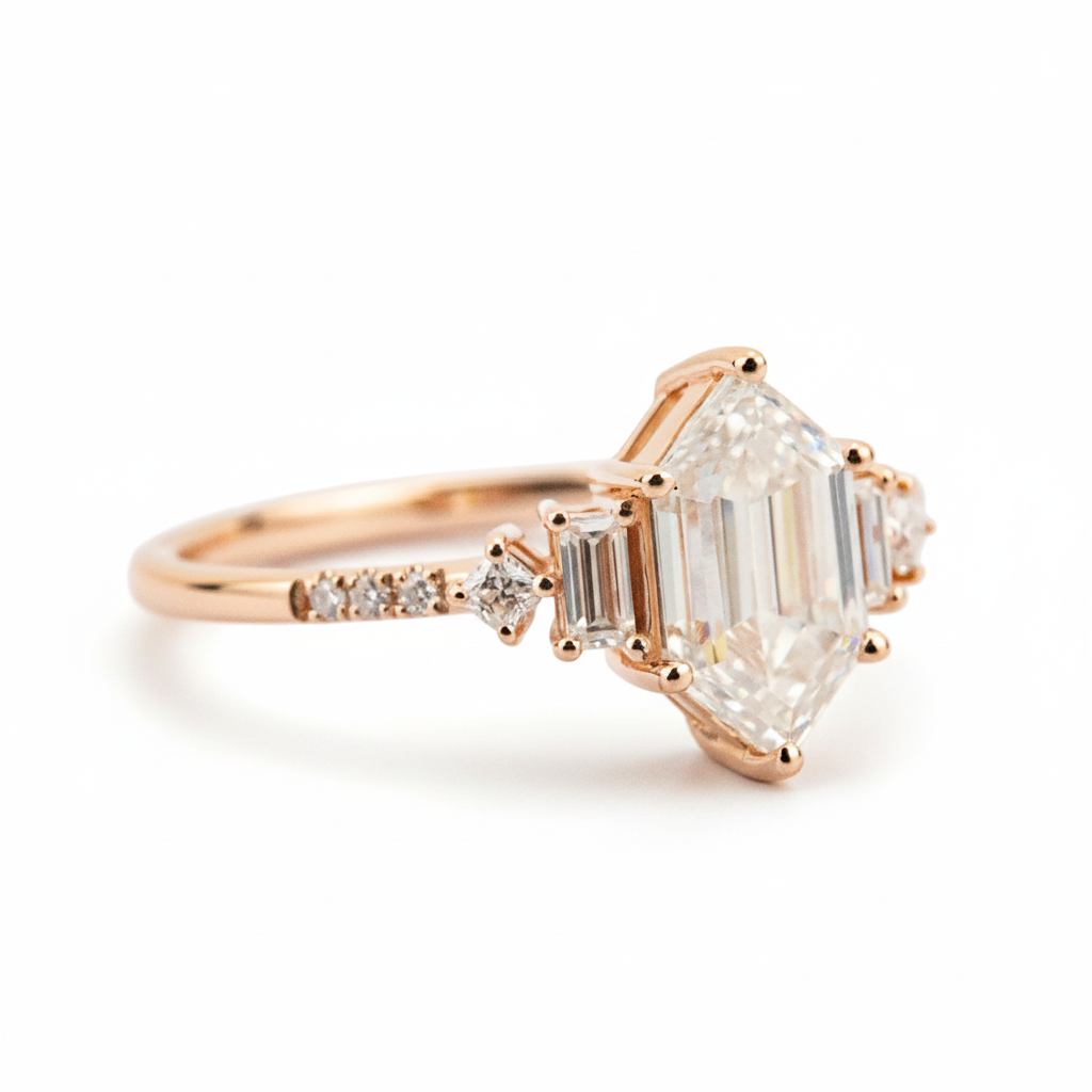 Product view of Long Hexagon Moissanite Engagement Ring in Gold