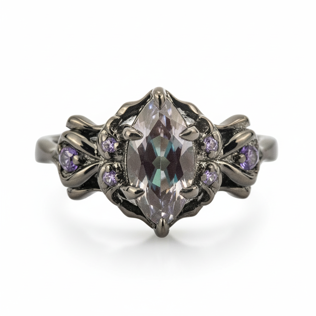 Marquise Lab Alexandrite With Amethyst Black Gold Engagement Ring Art Deco Ring