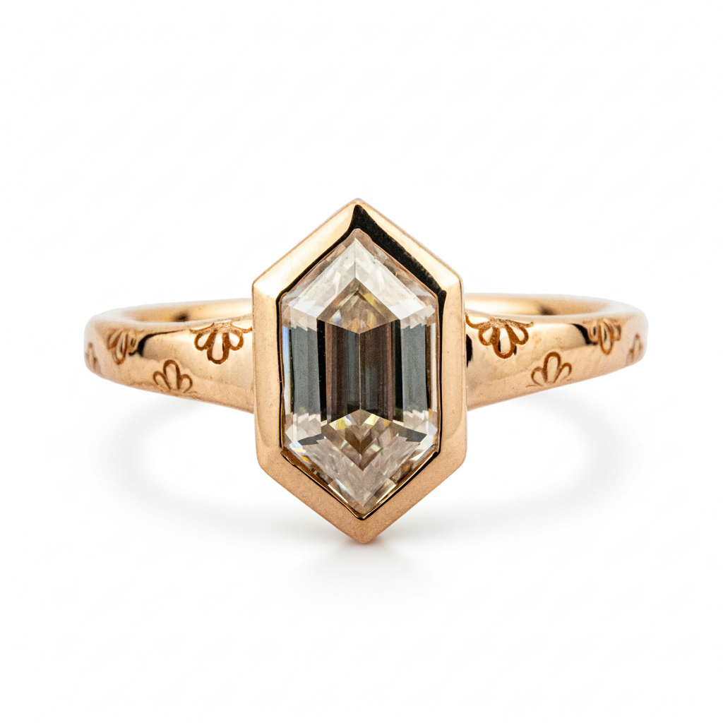 Front view of Long Hexagon Moissanite Engagement Ring in Gold