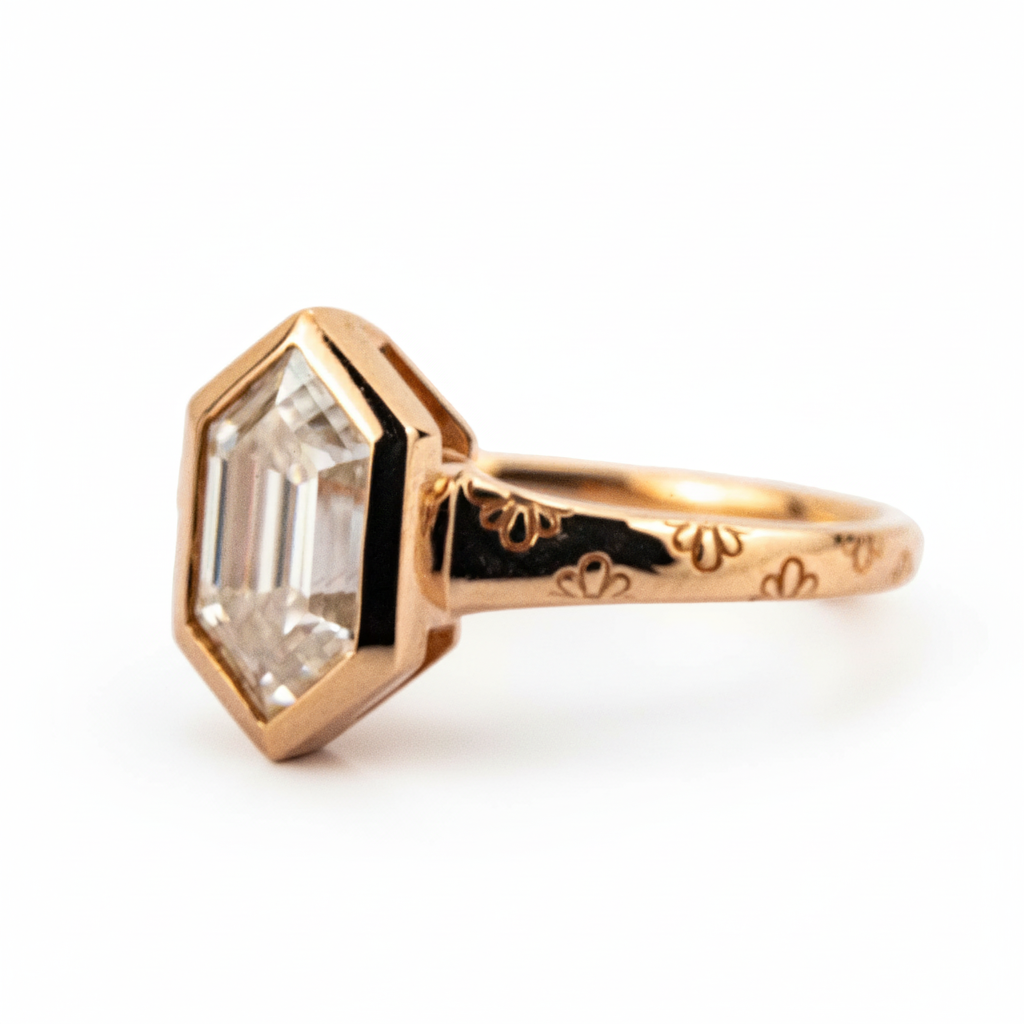 Product view of Long Hexagon Moissanite Engagement Ring in Gold