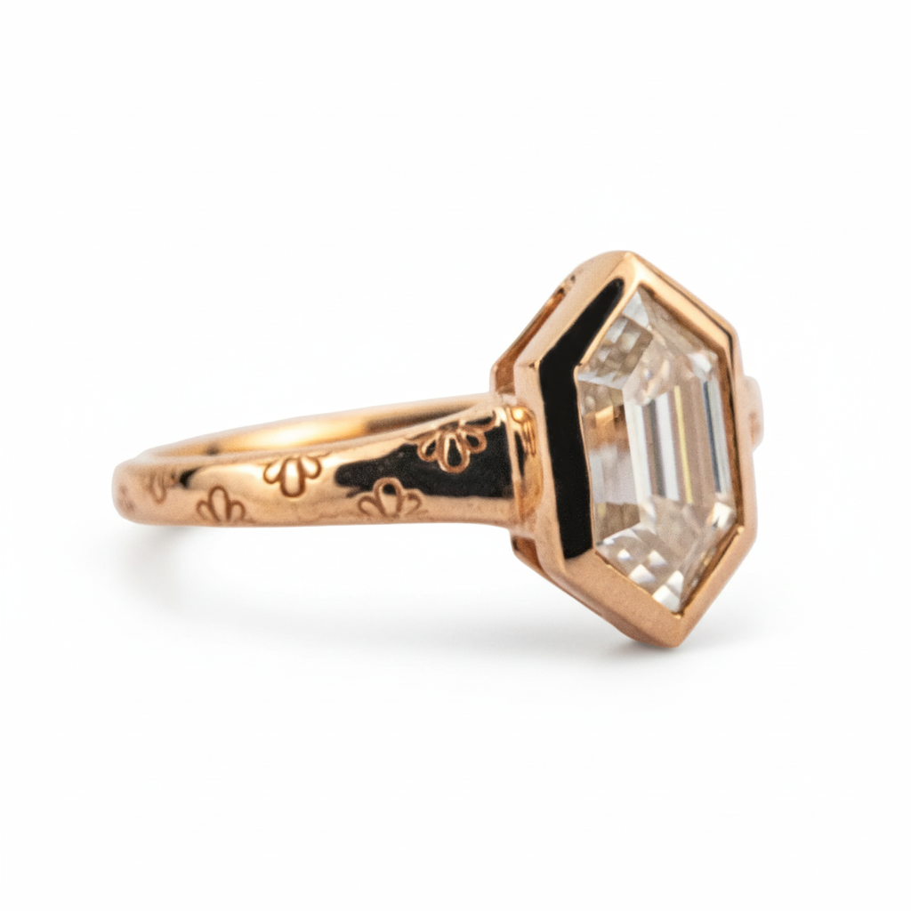 Product view of Long Hexagon Moissanite Engagement Ring in Gold