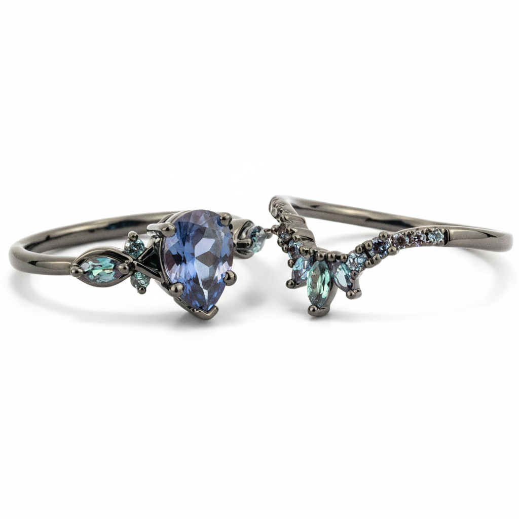 Product view of Pear Alexandrite Ring Set in Black Gold