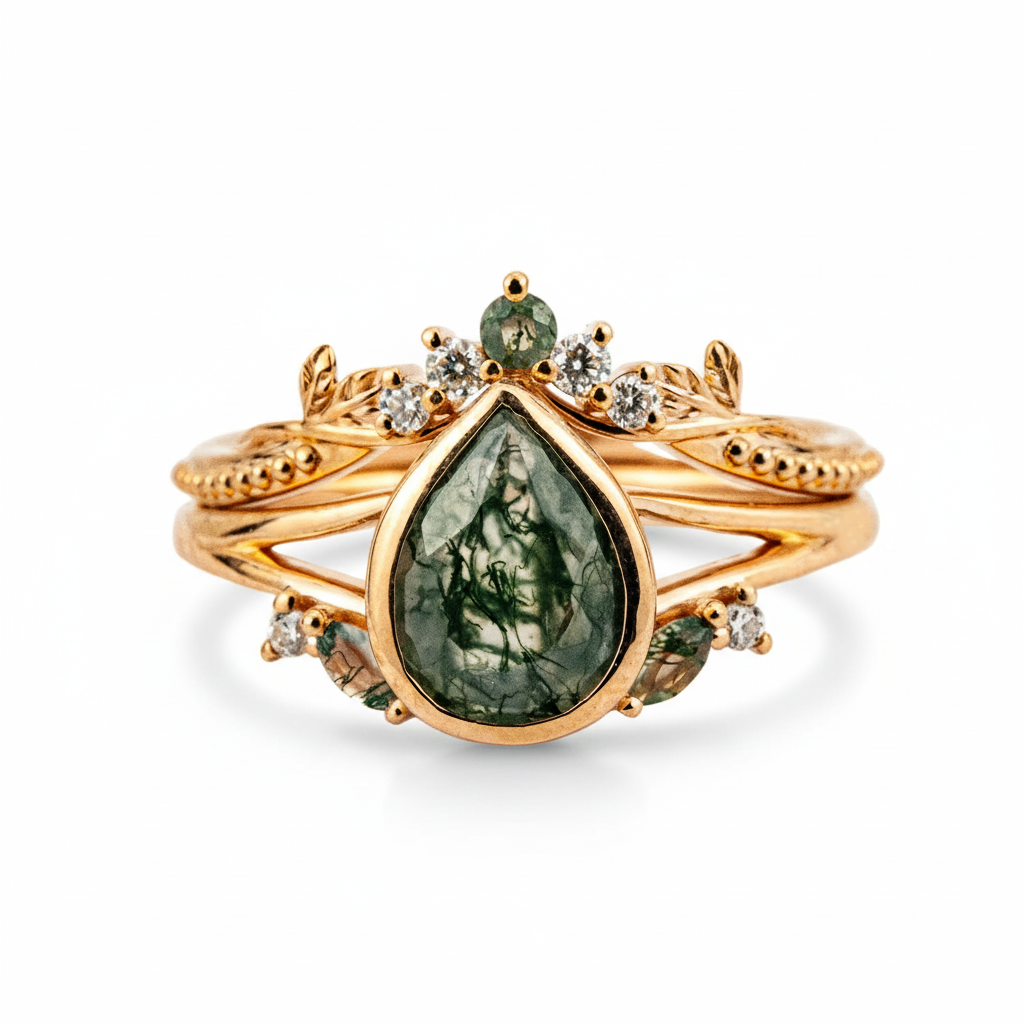 Vintage Anniversary Pear Shape Moss Agate Natural Design Ring Set Floarl Ring Set