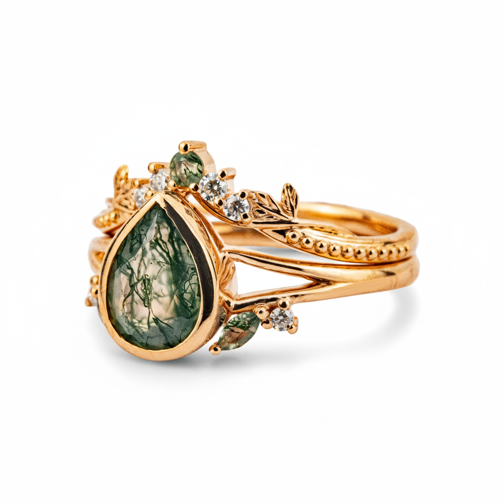 Product view of Pear Moss Agate Ring Set in Gold