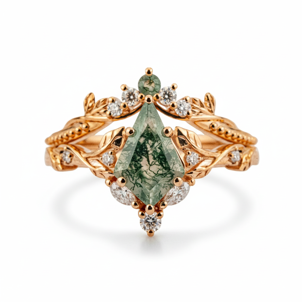 Front view of Kite Cut Moss Agate Ring Set in Gold