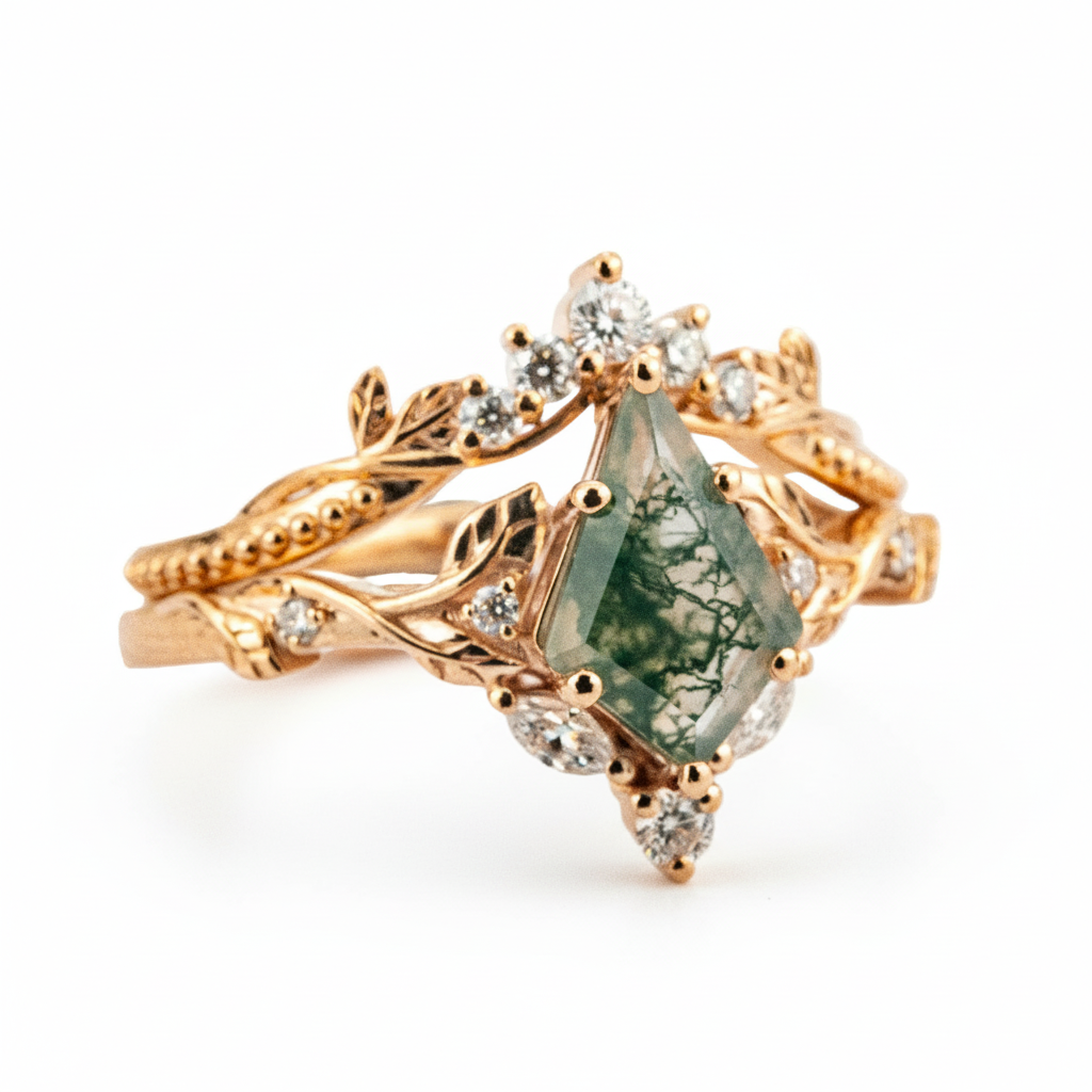 Product view of Kite Cut Moss Agate Ring Set in Gold
