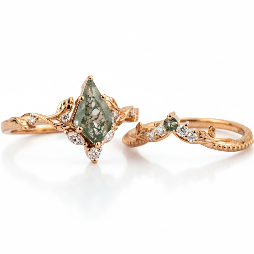 Product view of Kite Cut Moss Agate Ring Set in Gold