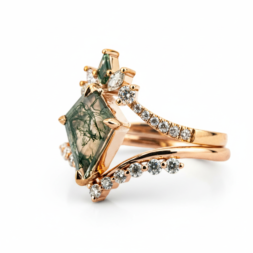 Product view of Kite Cut Moss Agate Ring Set in Gold