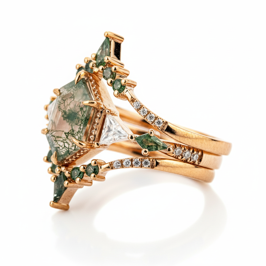 Product view of Hexagon Moss Agate Ring Set in Gold