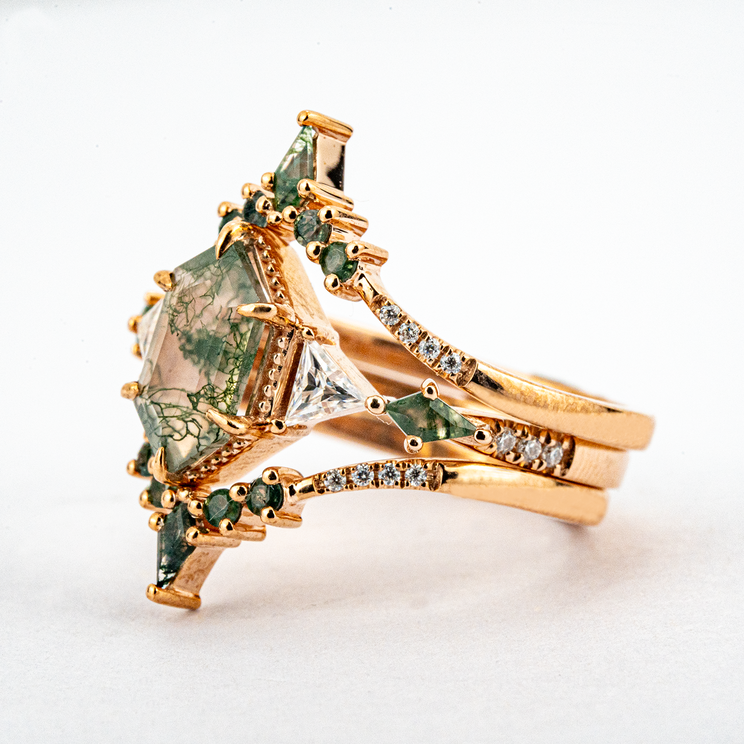 Handcrafted Long hexagonal moss agate Ring Set, perfect as a statement piece