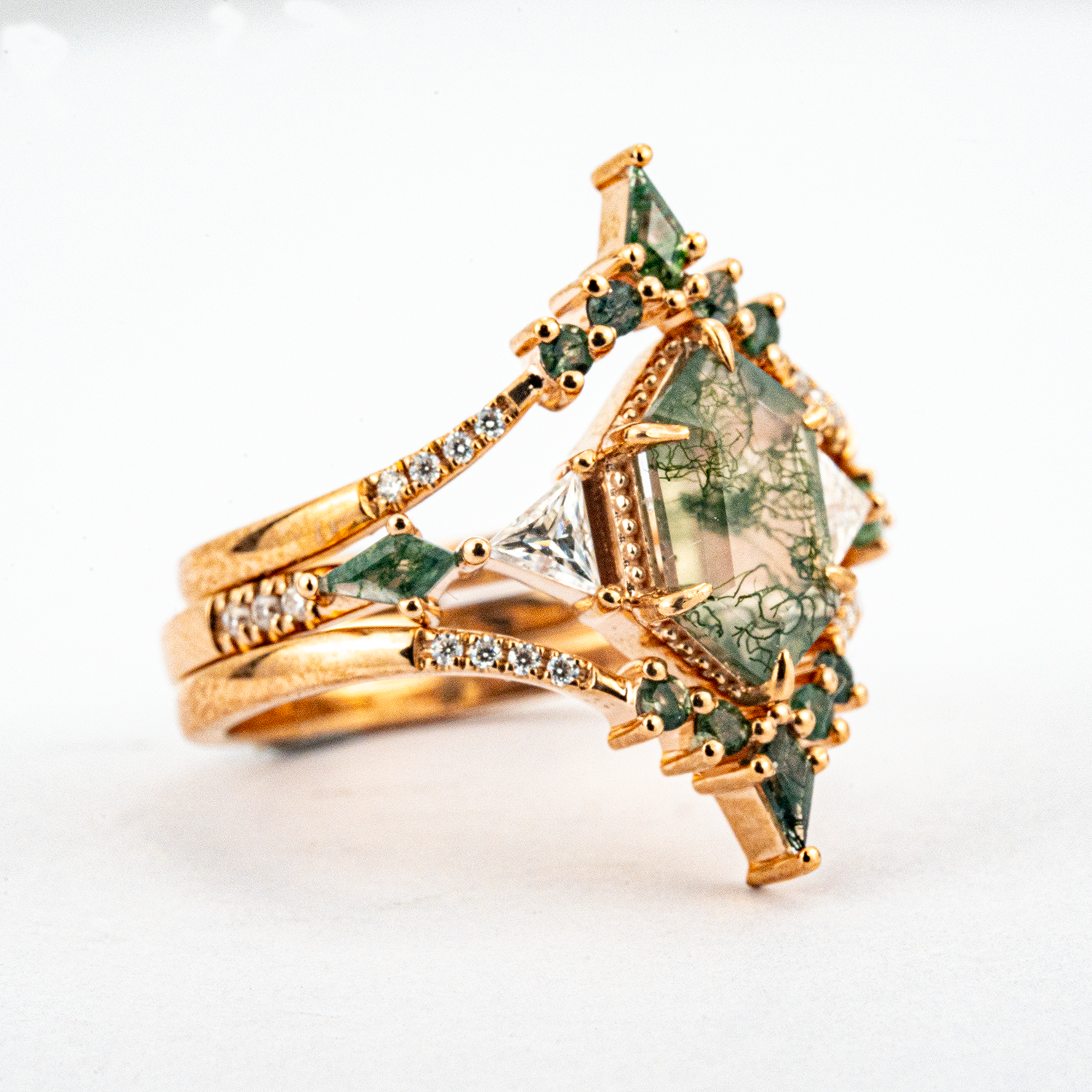 Handcrafted Long hexagonal moss agate Ring Set, perfect as a statement piece