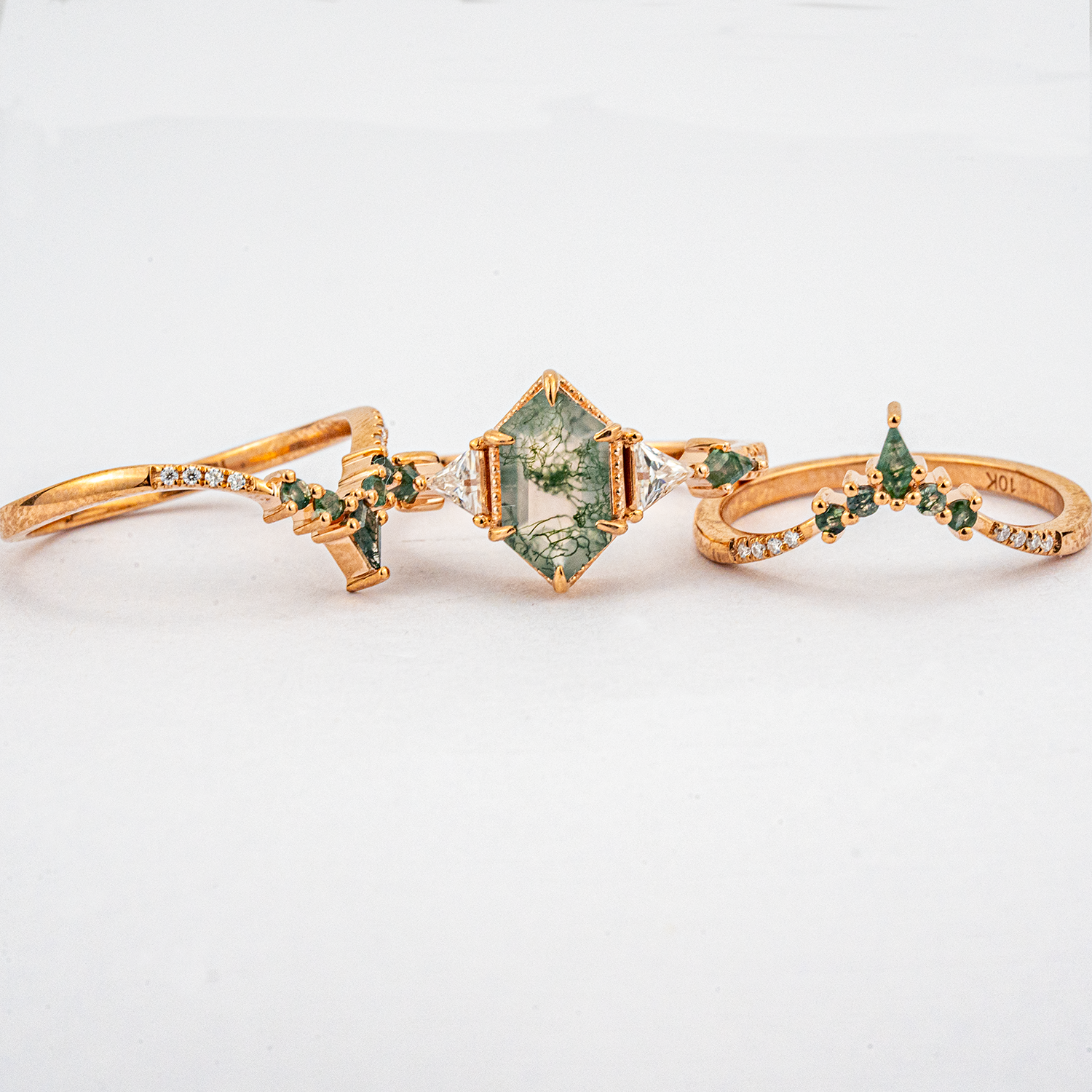 Handcrafted Long hexagonal moss agate Ring Set, perfect as a statement piece