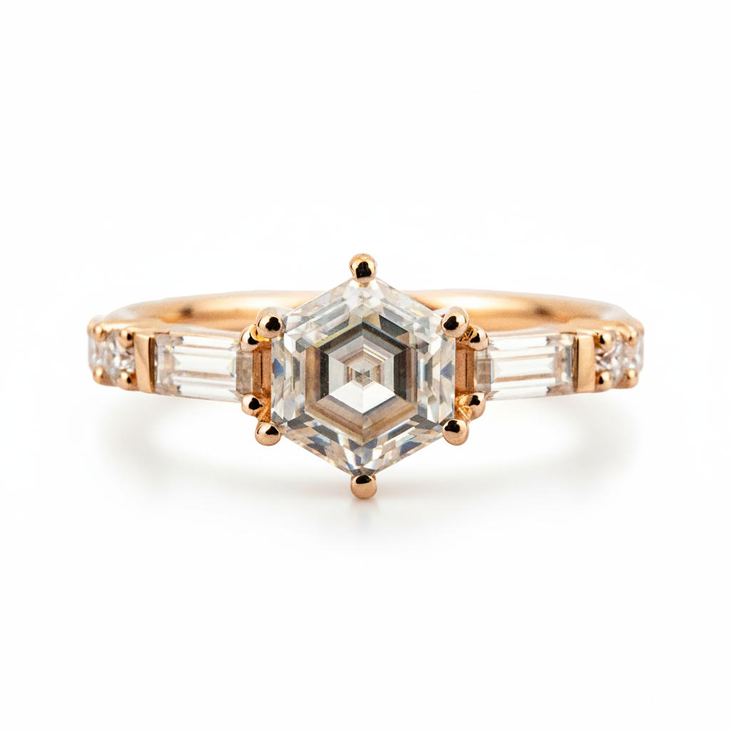 Front view of Hexagon Moissanite Men's Ring in Gold