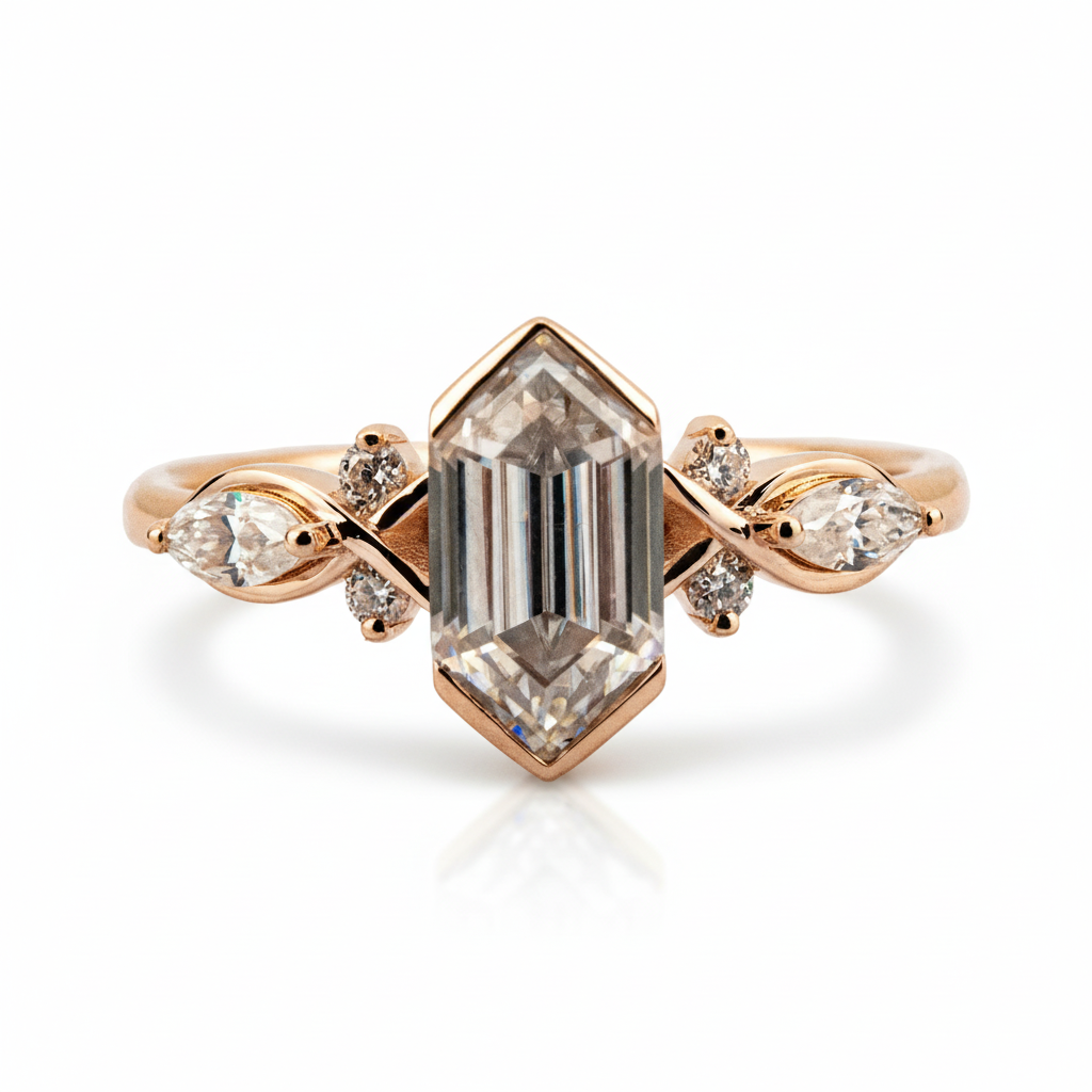 Front view of Long Hexagon Moissanite Ring in Gold