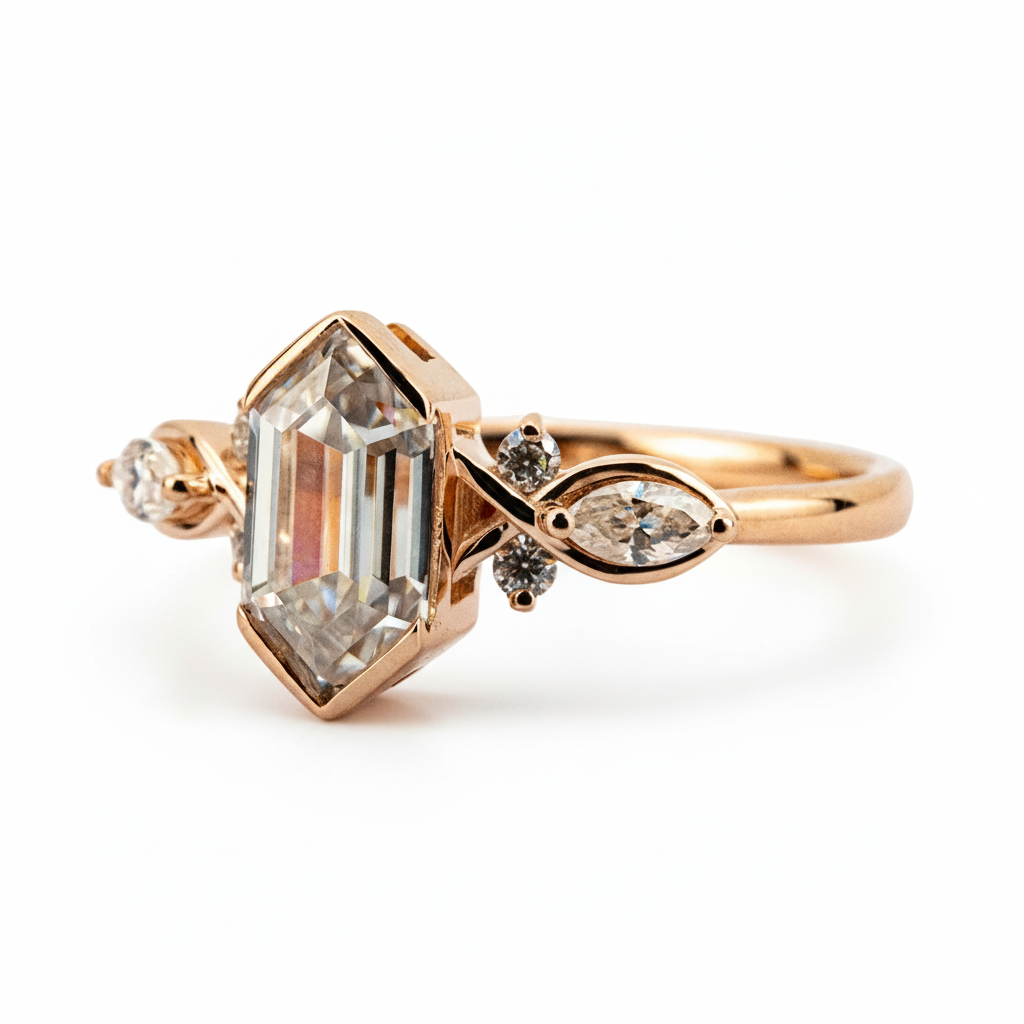 Product view of Long Hexagon Moissanite Ring in Gold
