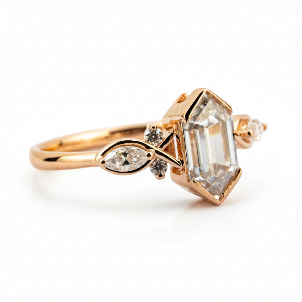 Product view of Long Hexagon Moissanite Ring in Gold