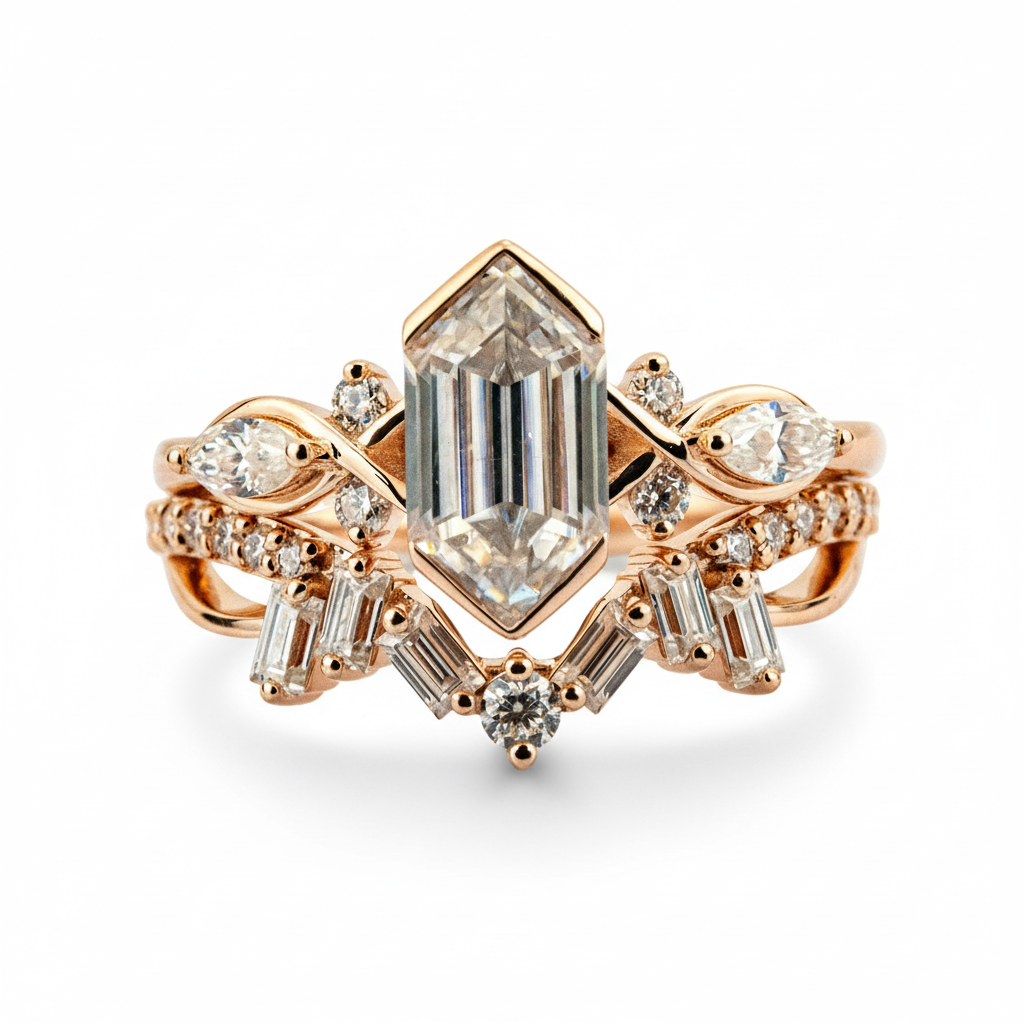 Front view of Long Hexagon Moissanite Ring Set in Gold