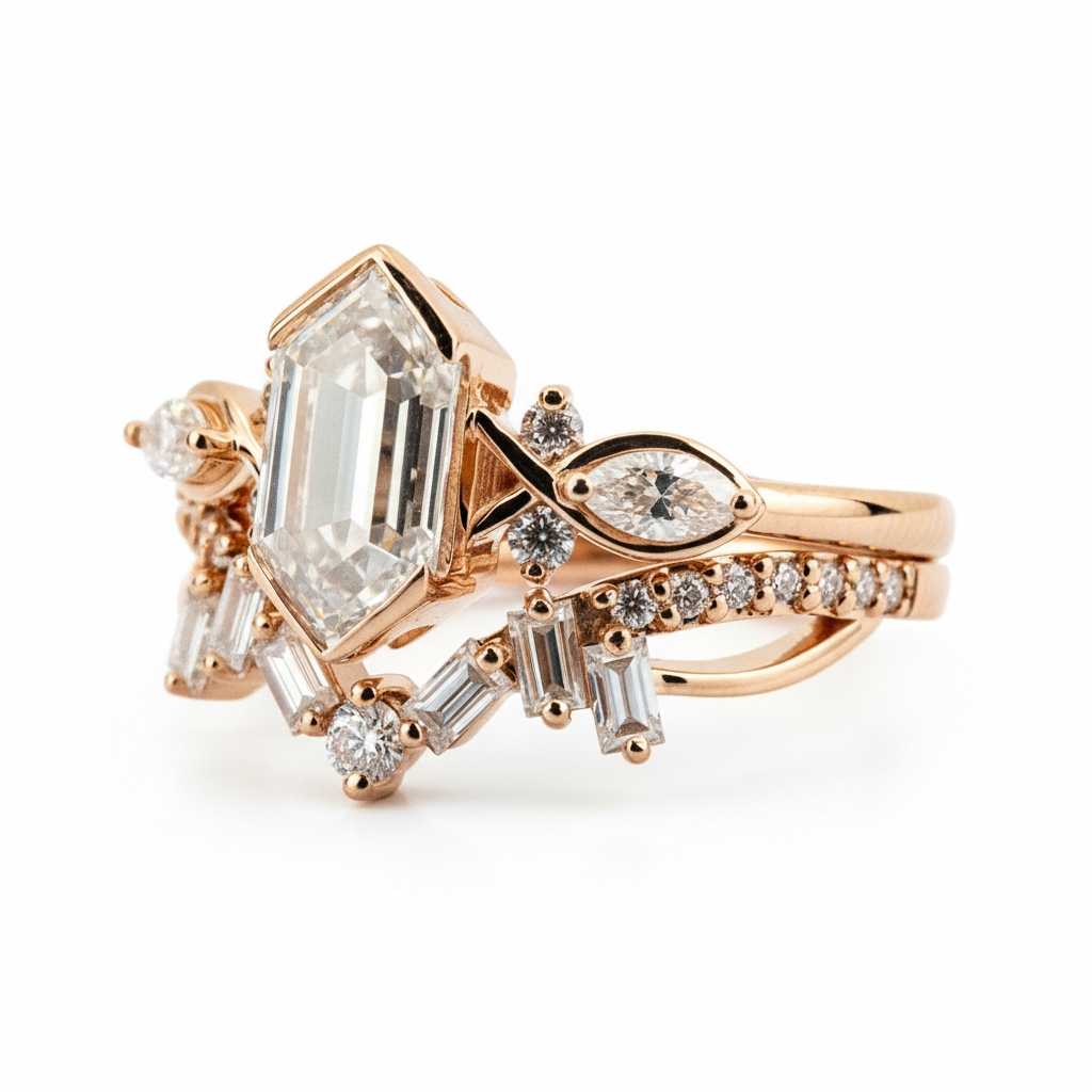 Product view of Long Hexagon Moissanite Ring Set in Gold